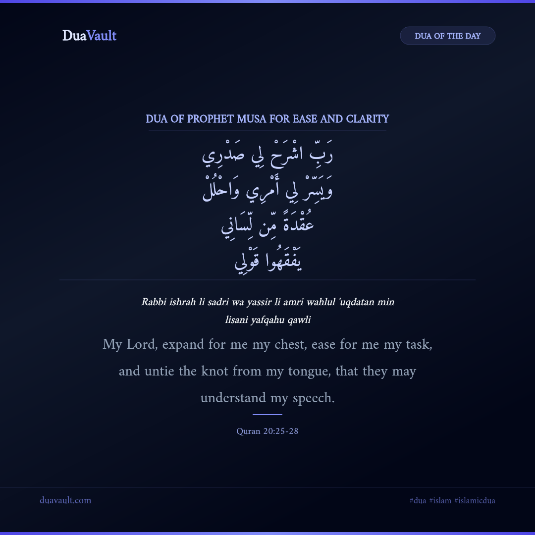 Dua of Prophet Musa for Ease and Clarity in Arabic with English meaning – Quran 20:25-28
