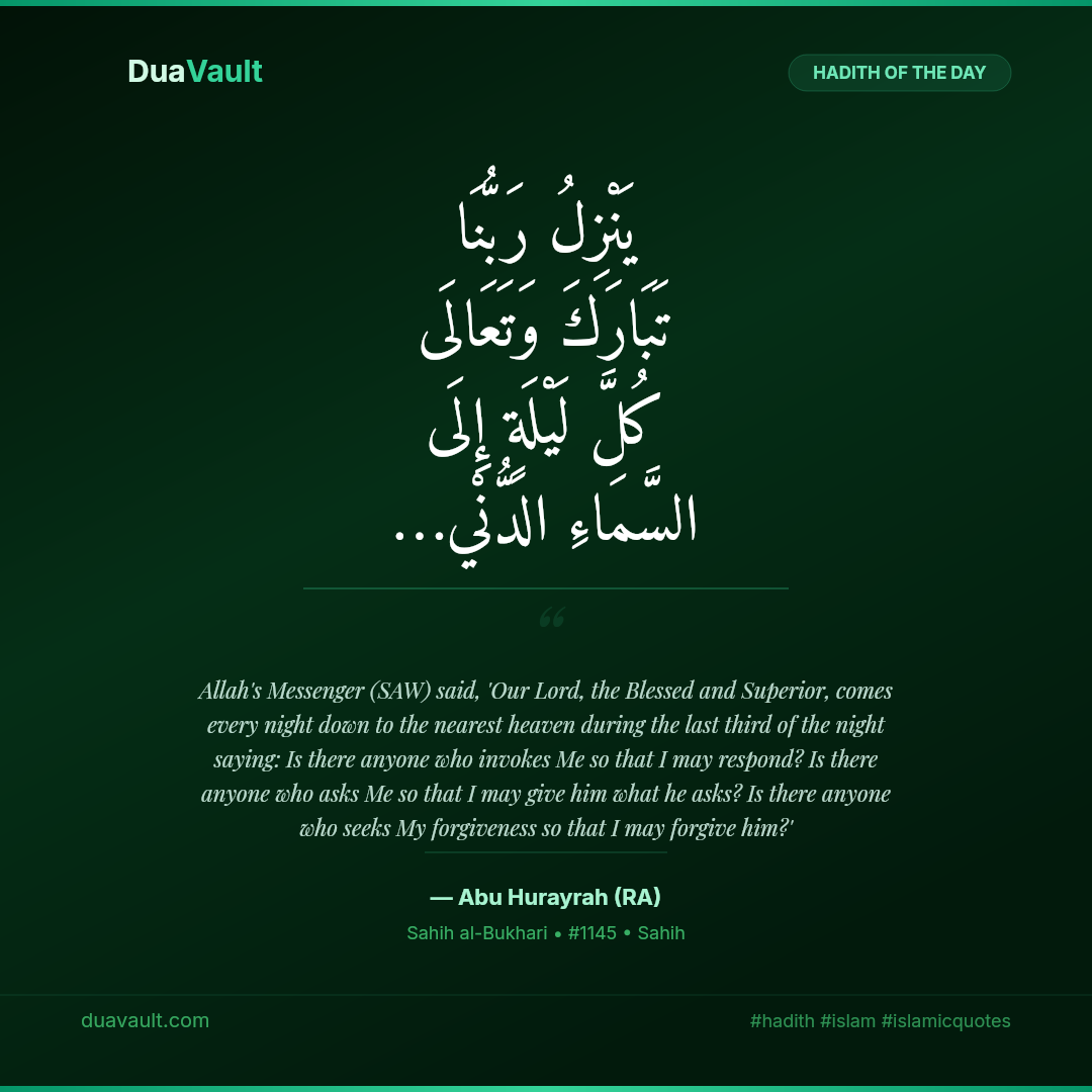 Allah Descends to the Nearest Heaven in the Last Third of the Night – hadith in Arabic with English translation, Sahih al-Bukhari 1145