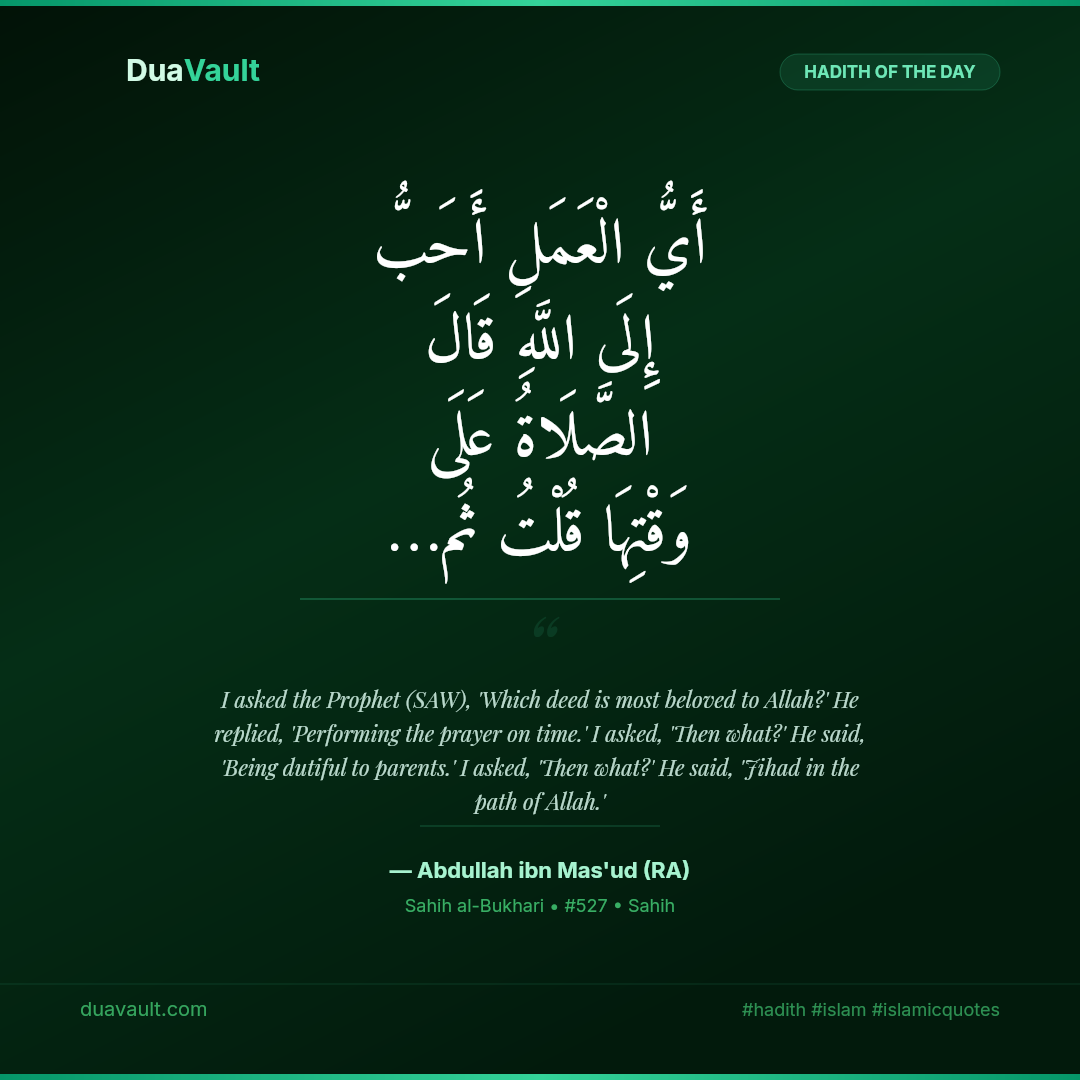 The Most Beloved Deed to Allah Is Prayer Performed on Time – hadith in Arabic with English translation, Sahih al-Bukhari 527