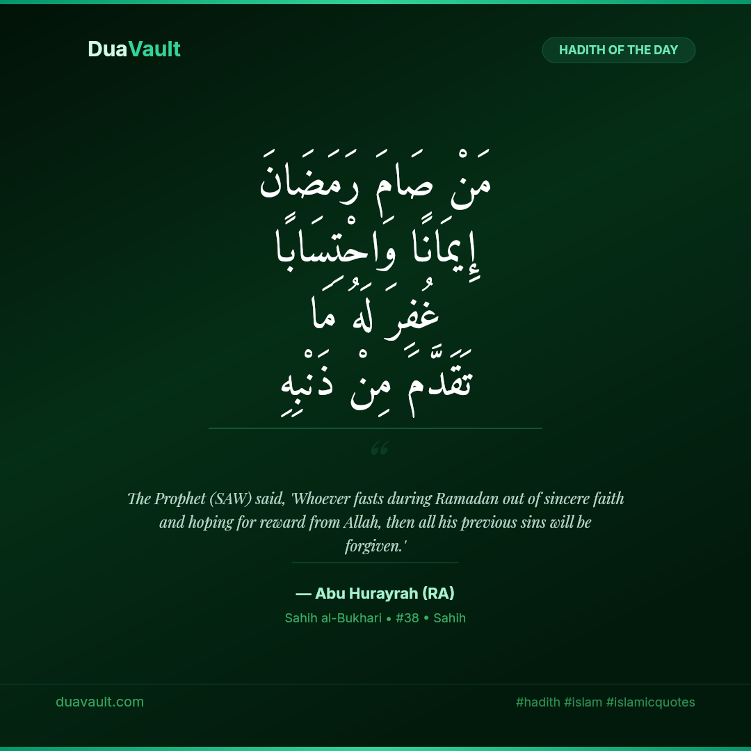Whoever Fasts Ramadan with Sincere Faith — All Previous Sins Forgiven – hadith in Arabic with English translation, Sahih al-Bukhari 38