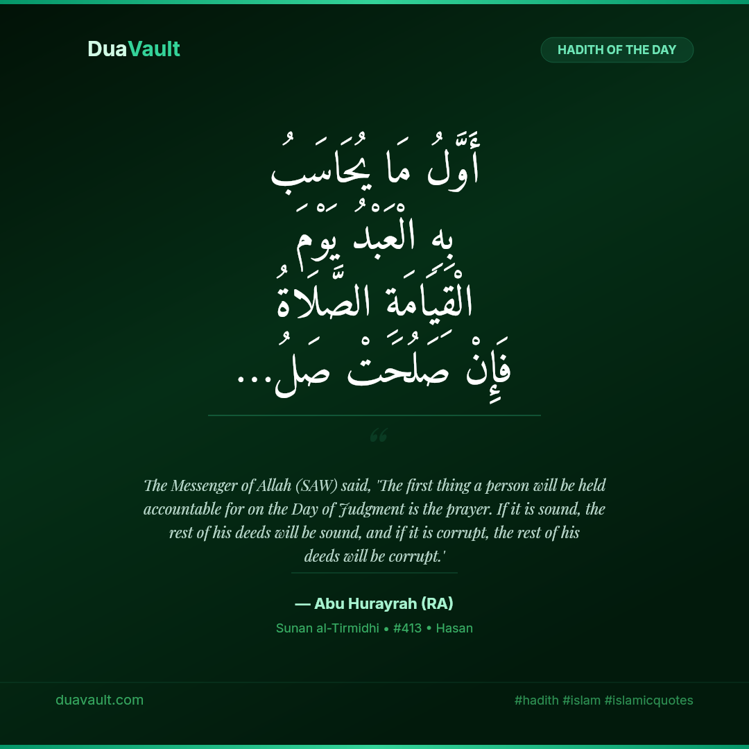 The First Question on Judgment Day Will Be About Prayer – hadith in Arabic with English translation, Sunan al-Tirmidhi 413