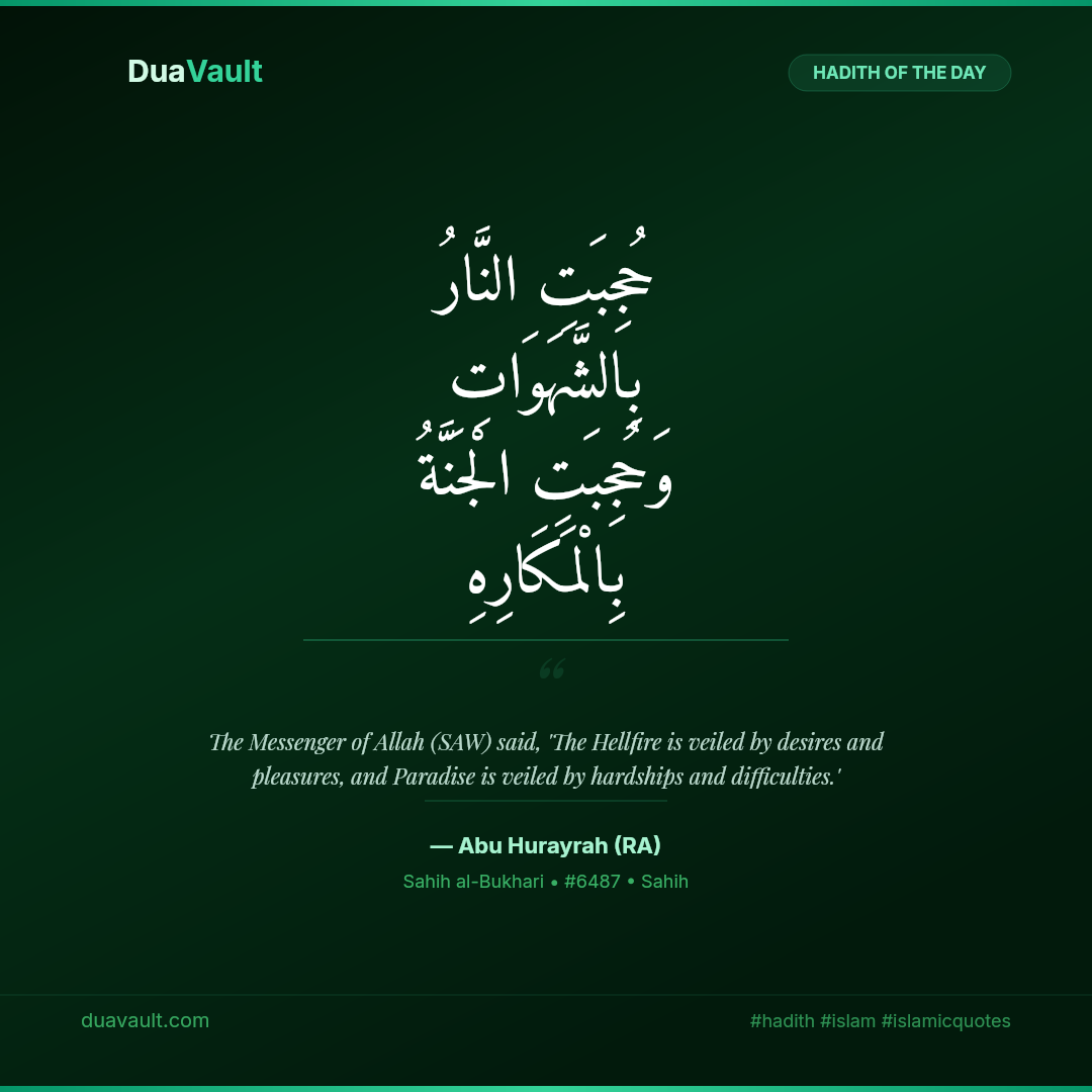 Paradise Is Surrounded by Hardships – hadith in Arabic with English translation, Sahih al-Bukhari 6487