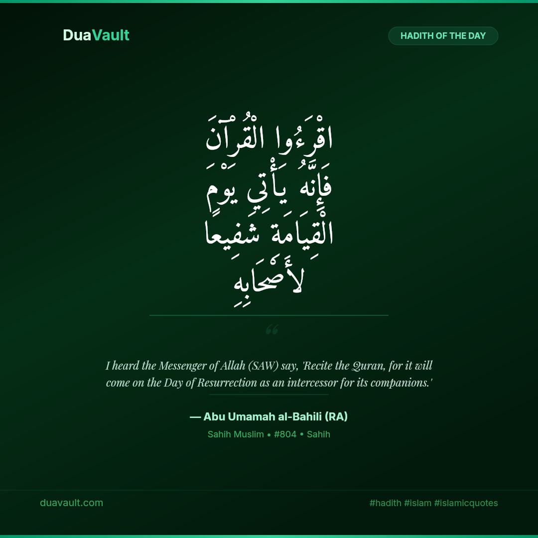 Recite the Quran — It Will Intercede for You on the Day of Resurrection – hadith in Arabic with English translation, Sahih Muslim 804