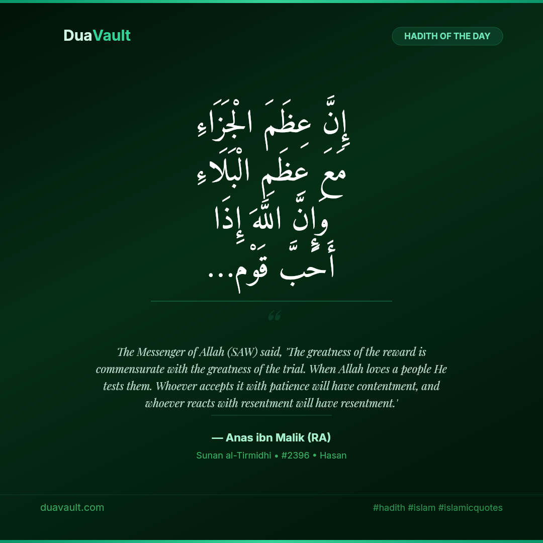 The Greater the Trial, the Greater the Reward – hadith in Arabic with English translation, Sunan al-Tirmidhi 2396