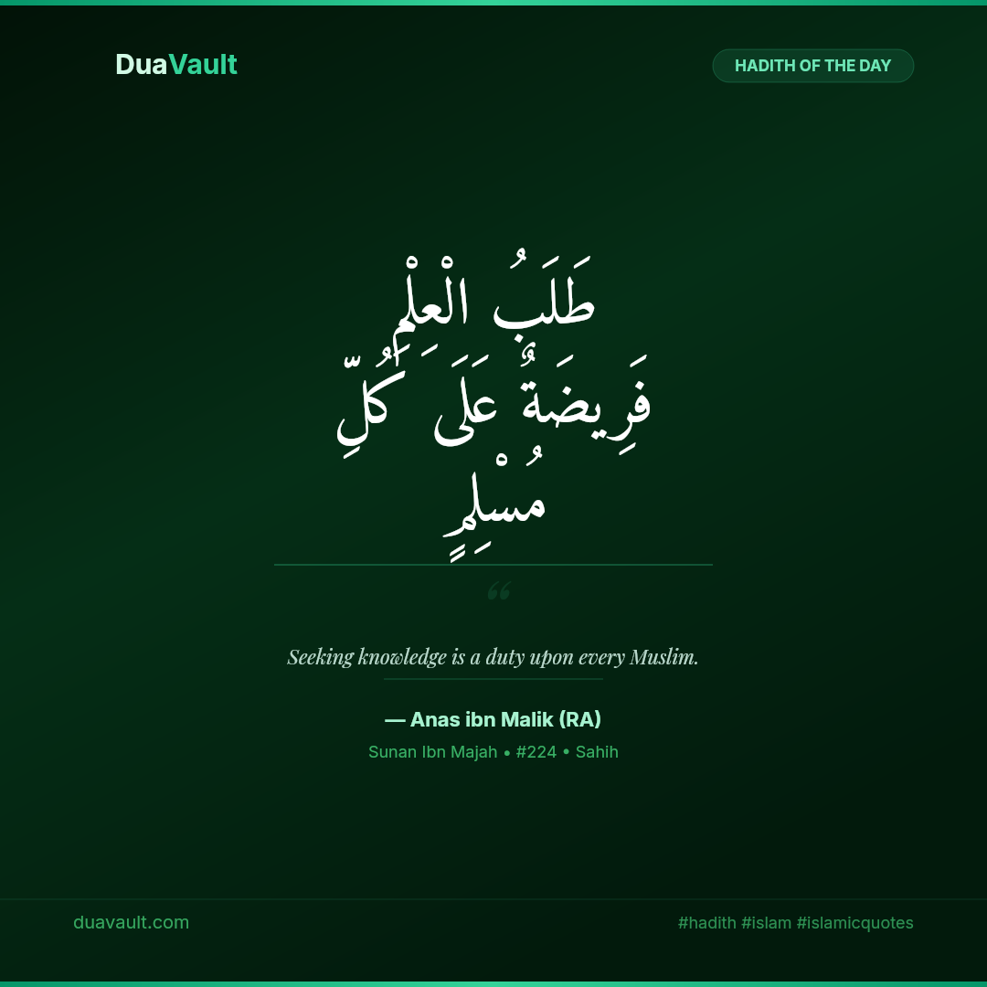 Seeking Knowledge is Obligatory – hadith in Arabic with English translation, Sunan Ibn Majah 224
