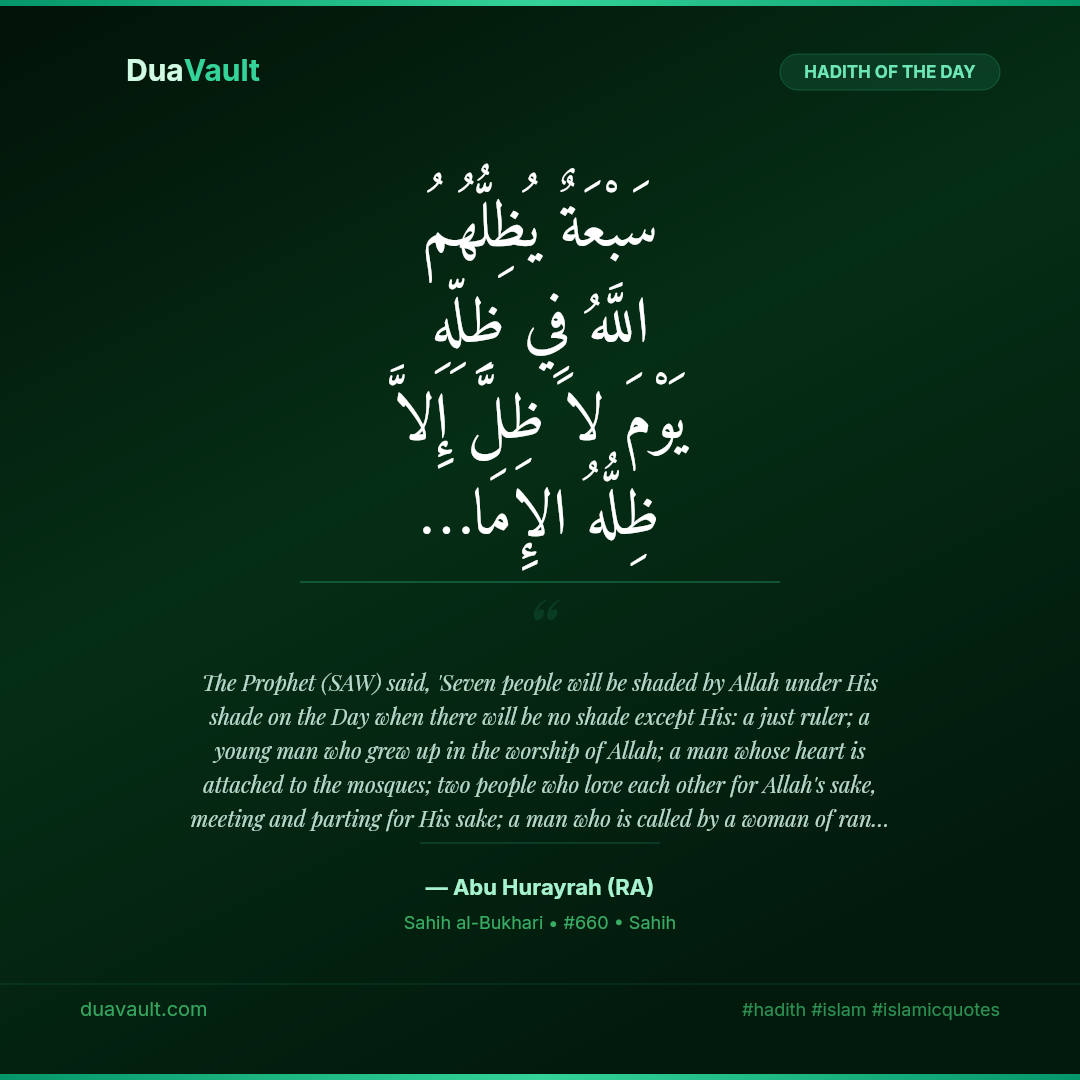 Seven People Shaded by Allah on the Day of Judgment – hadith in Arabic with English translation, Sahih al-Bukhari 660