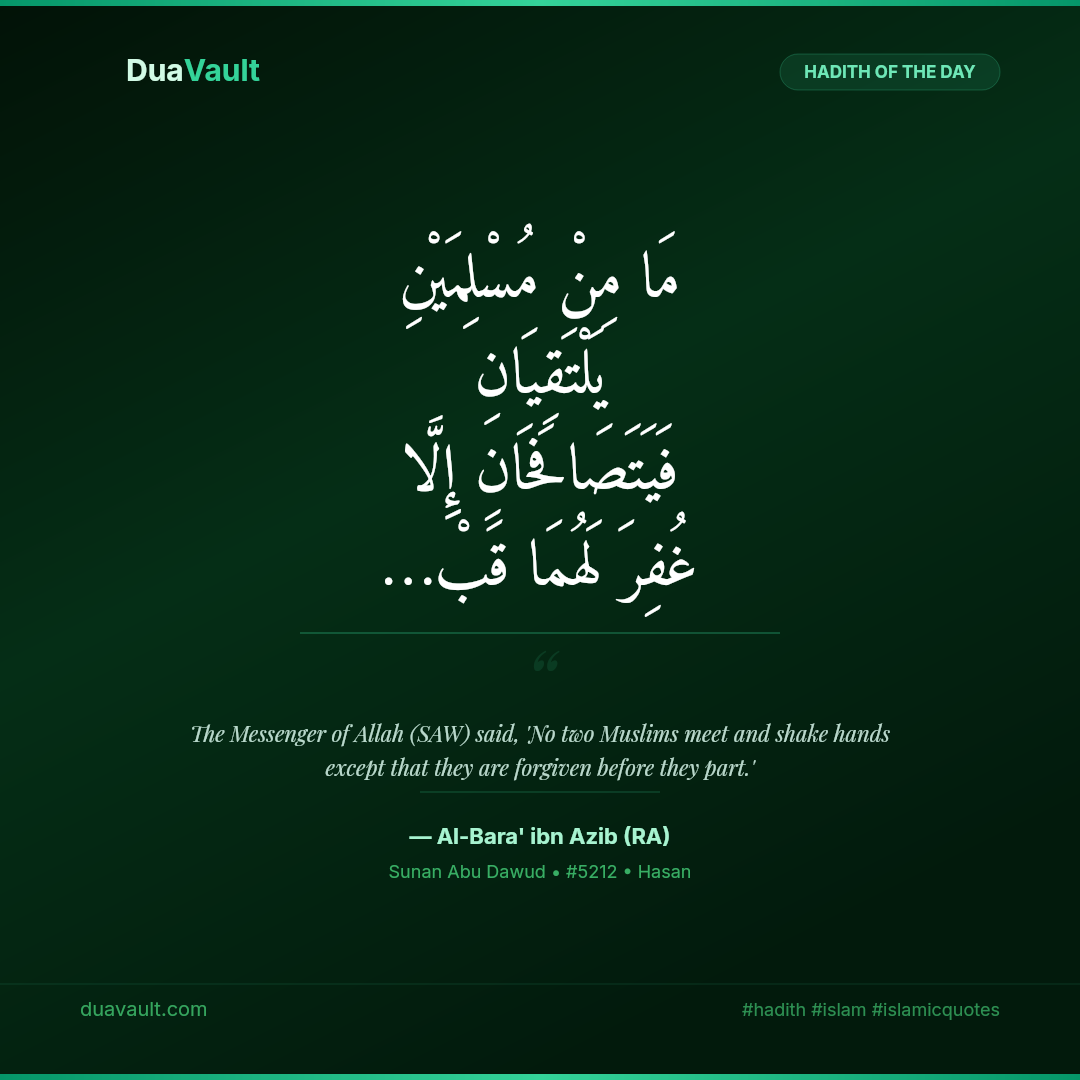 Two Muslims Who Shake Hands Are Forgiven Before They Part – hadith in Arabic with English translation, Sunan Abu Dawud 5212