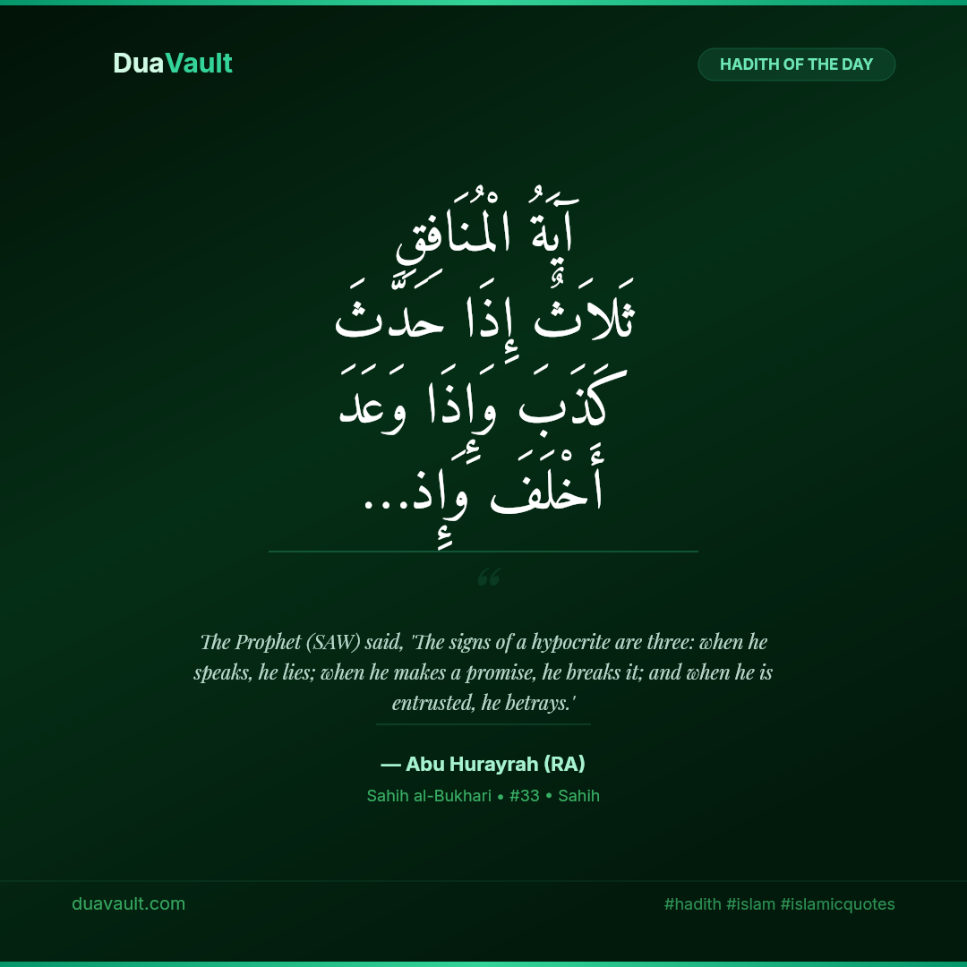 Three Signs of a Hypocrite – hadith in Arabic with English translation, Sahih al-Bukhari 33